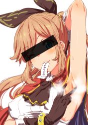 Rule 34 | 10s, 1girl, armpit focus, armpits, bar censor, black gloves, bracelet, breasts, brown hair, censored, clarisse (granblue fantasy), clearite, covered erect nipples, gloves, granblue fantasy, identity censor, jewelry, long hair, medium breasts, mouth hold, ponytail, presenting armpit, simple background, solo, spread armpit
