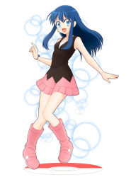 Rule 34 | 1girl, :d, black shirt, blue hair, blue theme, boots, bracelet, collarbone, creatures (company), dawn (pokemon), floating hair, full body, game freak, hair between eyes, highres, jewelry, kouzuki (reshika213), long hair, looking at viewer, miniskirt, nintendo, open mouth, outstretched arm, pink footwear, pink skirt, pokemon, pokemon dppt, shirt, skirt, sleeveless, sleeveless shirt, smile, solo, white background