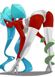Rule 34 | 1girl, alternate color, ass, back, bad id, bad pixiv id, bare shoulders, bent over, blue hair, bone, boots, colored skin, crop top, from behind, full body, gradient hair, hair over one eye, hair ribbon, high heels, leg hold, legs, long hair, long legs, looking at viewer, looking back, micro shorts, monster girl, multicolored hair, naughty face, original, parted bangs, pointing, purple eyes, red skin, ribbon, shadow, sharekoube, shoes, short shorts, shorts, simple background, smile, solo, spread legs, tank top, thigh boots, thighhighs, twintails, very long hair, wavy hair, white thighhighs, worm, zombie, zoni-ko