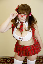 Rule 34 | 1girl, asian, bow, breasts, brown hair, chouzuki maryou, cleavage, female focus, glasses, hair bow, halterneck, high heels, highres, large breasts, midriff, necktie, photo (medium), plaid, plaid skirt, plump, skirt, solo, suspenders, thick thighs, thighhighs, thighs, twintails, zettai ryouiki