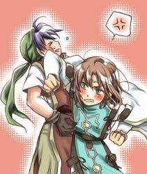 Rule 34 | 1boy, 1girl, anger vein, bandana, battle, blush, brown hair, china dress, chinese clothes, clenched teeth, dress, closed eyes, gender request, genderswap, gensou suikoden, gensou suikoden i, long hair, long sleeves, luc (suikoden), open clothes, spoken anger vein, tabard, teeth, tir mcdohl, upper body, yakisobapan tarou &amp; negitoro-ko