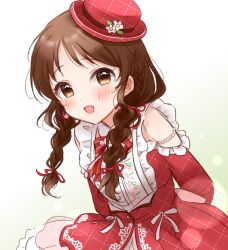 Rule 34 | 1girl, blush, braid, brown eyes, brown hair, commentary request, dress, hat, highres, idolmaster, idolmaster cinderella girls, looking at viewer, nagi 7g, open mouth, red dress, red hat, smile, solo, tachibana arisu, tilted headwear, twin braids, upper body