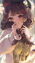 Rule 34 | 1girl, animal ears, blush, braid, brown hair, character name, closed mouth, dated, dog ears, dog hair ornament, flower, green shirt, hair flower, hair ornament, hat, highres, holding, holding hair, inui toko, jacket, kuro-kun (nablack), long hair, long sleeves, looking at viewer, nijisanji, open clothes, open jacket, red eyes, shirt, smile, solo, twin braids, upper body, virtual youtuber, white jacket, yellow eyes