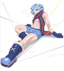 Rule 34 | 1boy, bare arms, blue footwear, blue hair, blue mittens, boots, boxer briefs, bulge, commentary request, creatures (company), full body, game freak, grusha (pokemon), hair bun, hand on own thigh, head tilt, highres, male focus, male underwear, masamu (leonore69), mittens, nintendo, pokemon, pokemon sv, scarf, scarf over mouth, shiny skin, solo, steam, striped clothes, striped scarf, underwear