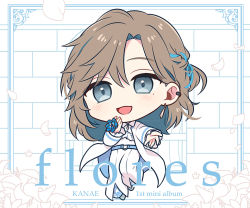 Rule 34 | 1boy, :d, album name, aplerichi, beckoning, belt, blue belt, blue eyes, blue flower, blue ribbon, brick wall, brown hair, character name, chibi, coat, collared shirt, curtained hair, earrings, flower, full body, grey footwear, hair between eyes, hair down, hair ribbon, hand on own chin, holding, holding flower, jewelry, kanae (nijisanji), lily (flower), long hair, looking at viewer, male focus, mole, mole under eye, nijisanji, official alternate costume, open clothes, open coat, open mouth, outstretched arm, pants, petals, ribbon, shirt, smile, solo, virtual youtuber, white coat, white hair, white pants