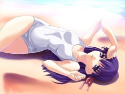 Rule 34 | 00s, 1girl, alternate costume, arm up, beach, breasts, clenched hands, crossed legs, day, fate/stay night, fate (series), from above, hair ribbon, long hair, looking at viewer, lying, matou sakura, norizou type-r, ocean, on back, on ground, one-piece swimsuit, outdoors, parted lips, purple eyes, purple hair, ribbon, school swimsuit, small breasts, solo, swimsuit, water, white one-piece swimsuit, white school swimsuit