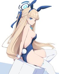 Rule 34 | 1girl, absurdres, animal ears, blonde hair, blue archive, blue eyes, blue leotard, bow, bowtie, braid, breasts, detached collar, fake animal ears, french braid, halo, highres, kittenlochen, leotard, long hair, looking at viewer, medium breasts, official alternate costume, playboy bunny, rabbit ears, sideboob, sitting, solo, strapless, strapless leotard, suitcase, toki (blue archive), toki (bunny) (blue archive), very long hair, wrist cuffs