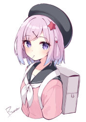 Rule 34 | 1girl, backpack, bag, beret, black hat, black sailor collar, blue hair, character request, closed mouth, commentary request, cropped torso, gradient hair, hair ornament, hair rings, hairclip, hat, highres, looking at viewer, mahoutsukai rose no sado life, mouth hold, multicolored hair, neckerchief, ominaeshi (takenoko), pink hair, pink shirt, purple eyes, sailor collar, school uniform, serafuku, shirt, signature, simple background, solo, star (symbol), star hair ornament, swept bangs, upper body, white background, white neckerchief