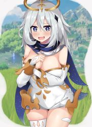 Rule 34 | 1girl, alternate breast size, black scarf, blush, boots, breasts, bright pupils, cape, cleavage, detached sleeves, dress, genshin impact, grass, grey eyes, hair between eyes, halo, highres, large breasts, looking at viewer, open mouth, paimon (genshin impact), scarf, single thighhigh, thighhighs, thighhighs under boots, thighs, tongue, white dress, white hair