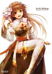 Rule 34 | 1girl, alternate color, arch bishop (ragnarok online), bad id, bad pixiv id, bridal garter, brown hair, character name, copyright name, cross, flower, green eyes, hairband, high heels, long hair, nemuko (omochimochi), open mouth, ragnarok online, rose, shoes, simple background, solo, thighhighs, white background, white flower, white rose, white thighhighs