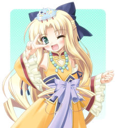 Rule 34 | 1girl, ;d, aqua background, aqua eyes, bad id, bad pixiv id, bare shoulders, beads, blonde hair, blush, bow, cleavage cutout, clenched hand, clothing cutout, detached sleeves, dress, drill hair, earrings, enjutsu, fingernails, flat chest, frilled sleeves, frills, gem, gradient background, green eyes, hair bow, halftone, halftone background, jewelry, koihime musou, long fingernails, long hair, looking at viewer, magatama, necklace, one eye closed, open mouth, parted bangs, sash, shiumai, sidelocks, smile, solo, tiara, v, v over eye, very long hair, wide sleeves, wink