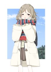 Rule 34 | 1girl, backpack, bag, black eyes, blue sky, blush, border, breath, brown hair, brown skirt, cloud, coat, day, duffel coat, enpera, female focus, half-closed eyes, hands up, highres, japanese text, looking at viewer, medium hair, miniskirt, multicolored clothes, multicolored scarf, open clothes, open coat, open mouth, original, outdoors, outside border, pantyhose, parted bangs, pleated skirt, pocket, scarf, school uniform, sidelocks, skirt, sky, sleeves past wrists, solo, standing, striped clothes, striped scarf, sweater, talking, translation request, tree, white border, white coat, white pantyhose, wide sleeves, winter clothes, yellow sweater, zagashira