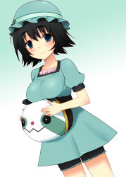 Rule 34 | 1girl, bad id, bad pixiv id, black hair, blue eyes, blush, breast rest, breasts, carried breast rest, carrying, dress, hat, nase, shiina mayuri, short hair, shorts, smile, solo, steins;gate, stuffed toy, upa (steins;gate)