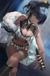 Rule 34 | 1girl, armlet, bare shoulders, between breasts, black hair, black necktie, blazpu, blonde hair, blue eyes, blurry, blurry background, breasts, character name, cleavage, coat, crossed bangs, crossed legs, dark-skinned female, dark skin, earrings, foreshortening, goddess of victory: nikke, grin, hair between eyes, high ponytail, highres, holding, holding microphone, indoors, jewelry, kneehighs, large breasts, long hair, looking at viewer, microphone, multicolored hair, nail polish, navel, necktie, necktie between breasts, noise (classic diva) (nikke), noise (nikke), open clothes, open coat, outstretched arm, parted lips, short shorts, shorts, smile, socks, solo, striped clothes, striped shorts, thighs, tile floor, tiles, two-tone hair, vertical-striped clothes, vertical-striped necktie, vertical-striped shorts, white coat, white nails, white shorts