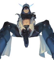 Rule 34 | 1girl, abs, belt, black gloves, black hair, black pants, blue archive, blue hair, breasts, closed mouth, coat, crop top, gloves, glowing, glowing eyes, gun, halo, handgun, hat, highres, holding, holding gun, holding weapon, looking at viewer, medium breasts, multicolored hair, open clothes, open coat, pants, rasetsu001, saori (blue archive), shaded face, simple background, sitting, solo, spread legs, stomach, toned, weapon, white background, white coat