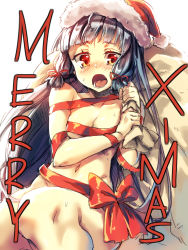 Rule 34 | 10s, 1girl, bad id, bad pixiv id, blush, breasts, hat, highres, kantai collection, long hair, merry christmas, murakumo (kancolle), naked ribbon, open mouth, red eyes, redcomet, ribbon, santa hat, silver hair, solo