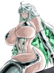 Rule 34 | 1girl, abs, adapted costume, bare shoulders, bikini, blush, boots, breasts, cleavage, colored inner hair, covered navel, fate/grand order, fate (series), gloves, green eyes, green hair, highres, huge breasts, kukulkan (fate), kukulkan (second ascension) (fate), leotard, long hair, looking at viewer, maabo harusame, micro bikini, multicolored hair, muscular, muscular female, sideless outfit, sidelocks, skindentation, solo, swimsuit, thick thighs, thigh boots, thighs, white footwear, white gloves, white hair, white leotard