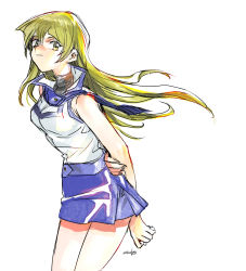 Rule 34 | 1girl, 203wolves, arms behind back, blonde hair, blue skirt, closed mouth, cowboy shot, duel academy uniform (yu-gi-oh! gx), floating hair, hair between eyes, highres, jacket, long hair, looking at viewer, miniskirt, sailor collar, shiny clothes, signature, simple background, sketch, skirt, sleeveless, sleeveless jacket, solo, standing, tenjouin asuka, turtleneck, very long hair, white background, white jacket, yellow eyes, yu-gi-oh!, yu-gi-oh! gx