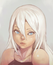 Rule 34 | 1girl, commentary, hair between eyes, highres, lips, long hair, making-of available, mole, mole under mouth, nier (series), nier:automata, norasuko, nose, silver hair, solo, upper body, a2 (nier:automata)