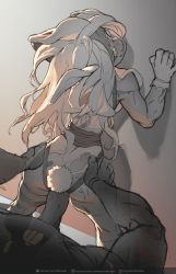 Rule 34 | 1boy, 1girl, against wall, animal ears, boku no hero academia, clothed sex, clothing cutout, dark-skinned female, dark skin, doggystyle, erection, gloves, hetero, highres, large penis, leotard, long hair, looking back, mirko, monochrome, naftosaur, narrow waist, naughty face, parted bangs, paw shoes, penis, pov, rabbit ears, rabbit girl, rabbit tail, sex, sex from behind, solo focus, tail, tail through clothes, thighhighs, torn clothes, torn legwear, torn leotard, torso grab, uncensored