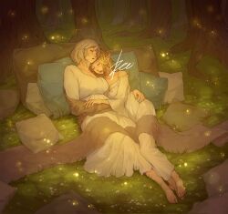 Rule 34 | 2girls, bare shoulders, barefoot, blanket, blonde hair, bob cut, breasts, closed eyes, dm bboog, dress, dungeon meshi, elf, falin touden, fireflies, forest, full body, grass, grey hair, highres, hug, korean commentary, large breasts, leaning on person, light particles, long hair, lying, marcille donato, multiple girls, nature, nightgown, off shoulder, on grass, on ground, on side, open mouth, pillow, pointy ears, reclining, shared blanket, shawl, short hair, signature, sleeping, sleepwear, small breasts, white dress, yuri