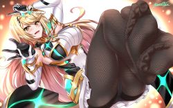 Rule 34 | 1girl, absurdres, armor, ass, black pantyhose, blonde hair, blush, breasts, dress, earrings, elbow gloves, feet, gem, gloves, headpiece, highres, hip focus, huge filesize, jewelry, large breasts, legs, long hair, looking at viewer, mythra (massive melee) (xenoblade), mythra (xenoblade), nez-box, nintendo, no shoes, open mouth, panties, pantyhose, short dress, signature, smile, soles, solo, super smash bros., swept bangs, thighband pantyhose, thighs, tiara, toes, underwear, very long hair, white dress, white gloves, white panties, xenoblade chronicles (series), xenoblade chronicles 2, yellow eyes