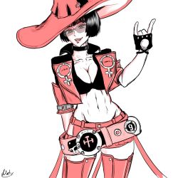 Rule 34 | arc system works, black hair, breasts, cleavage, fingerless gloves, gloves, guilty gear, guilty gear strive, hat, i-no, large breasts, midriff, navel, red eyes, smile, thighhighs, witch hat