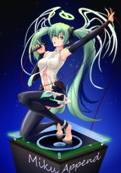 Rule 34 | 1girl, absurdres, aqua nails, armpits, barefoot, blue nails, bridal gauntlets, character name, feet, green eyes, green hair, hatsune miku, hatsune miku (append), highres, kneeling, long hair, matching hair/eyes, microphone, nail polish, navel, necktie, open mouth, solo, thighhighs, twintails, very long hair, vocaloid, vocaloid append, yuuki (silent moon)