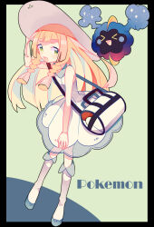 &gt;_&lt; 1girl black_border blonde_hair border cosmog creatures_(company) dress full_body game_freak gen_7_pokemon green_eyes hat highres legendary_pokemon lillie_(pokemon) long_hair looking_at_viewer nagatsukiariake nintendo open_mouth pokemon pokemon_(creature) pokemon_sm sleeveless sleeveless_dress sun_hat white_bag white_dress white_footwear white_hat