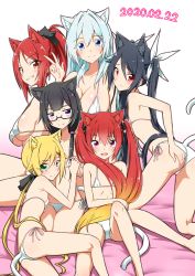 Rule 34 | 6+girls, animal ears, ass, bed sheet, bikini, black hair, blonde hair, blue eyes, breasts, cat day, cat ears, cat girl, cat tail, child, collarbone, commentary request, dated, flat chest, glasses, gradient hair, green eyes, grin, hair between eyes, hair ribbon, hand on own ass, highres, holding hands, iisuna anko, iwabane yuno, knee up, large breasts, long hair, looking at viewer, lying, medium breasts, mitsuka souji, multicolored hair, multiple girls, orange eyes, ore twintail ni narimasu, ponytail, purple eyes, red eyes, red hair, ribbon, shindou erina, sidelocks, silver hair, simple background, smile, swept bangs, swimsuit, tail, tailred, tsube aika, twintails, twoearle, v, very long hair, white background, white bikini, yuto (dialique)