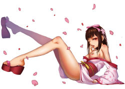 Rule 34 | 1girl, ;p, arm support, bandaid, bandaids on nipples, bare legs, blunt bangs, breasts, brown hair, clogs, covering own mouth, eyelashes, flower, from side, full body, hair flower, hair ornament, hair ribbon, hand over own mouth, japanese clothes, kanzashi, kimono, leaning back, legs up, long legs, long sleeves, looking at viewer, makeup, medium breasts, obi, off shoulder, one breast out, one eye closed, open mouth, original, pasties, petals, pink kimono, pink ribbon, platform footwear, print kimono, ribbon, sandals, sash, shiny skin, shiraha (pixiv10239953), short kimono, simple background, sitting, sleeves past wrists, solo, tongue, tongue out, white background, wide sleeves, zouri