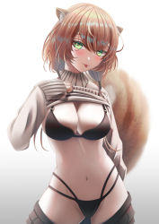 Rule 34 | 1girl, animal ears, ayunda risu, bloodyblack, bra, breasts, brown hair, cleavage, clothes lift, green eyes, highres, hololive, hololive indonesia, large breasts, navel, panties, shirt lift, short hair, solo, squirrel ears, squirrel girl, squirrel tail, tail, tongue, tongue out, underwear, virtual youtuber