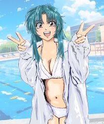 Rule 34 | 1girl, :d, bikini, blue hair, blue sky, breasts, brown eyes, chidori kaname, cleavage, cloud, coat, cowboy shot, day, double v, full metal panic!, hair intakes, hands up, highres, legs together, long hair, long sleeves, looking at viewer, medium breasts, mizumori keiichi, navel, open clothes, open coat, open mouth, outdoors, pool, pool ladder, poolside, sky, smile, solo, standing, swimsuit, teeth, upper teeth only, v, white bikini, white coat