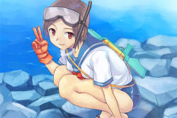 Rule 34 | diving mask, diving mask on head, gloves, goggles, goggles on head, hashi, no pants, one-piece swimsuit, original, school swimsuit, school uniform, serafuku, snorkel, solo, swimsuit, swimsuit under clothes, v, water gun
