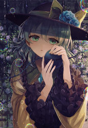 Rule 34 | 1girl, abandon ranka, black hat, blouse, blue flower, blue rose, bow, bubble, collar, floral background, flower, frilled collar, frilled sleeves, frills, green eyes, green hair, hair between eyes, hat, hat bow, hat flower, hat leaf, highres, komeiji koishi, long sleeves, looking at viewer, rose, shirt, solo, third eye, touhou, upper body, wide sleeves, yellow bow, yellow shirt