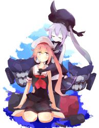 Rule 34 | 10s, 2girls, abyssal ship, azana, beret, colored skin, dark persona, destroyer princess, dual persona, closed eyes, harusame (kancolle), hat, highres, kantai collection, multiple girls, pink eyes, pink hair, purple hair, school uniform, serafuku, side ponytail, tears, torn clothes, white skin