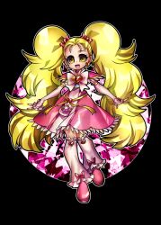 Rule 34 | 1girl, arm warmers, black background, blonde hair, bow, brooch, commentary request, crystal, dress, earrings, full body, futari wa precure, hair ornament, hairclip, heart, heart brooch, heart earrings, jewelry, kujou hikari, leg warmers, long hair, looking at viewer, magical girl, open mouth, pink bow, pink dress, pink footwear, pink leg warmers, precure, ribbon, senmu (0107), shiny luminous, simple background, smile, solo, twintails, very long hair, yellow eyes, yellow ribbon