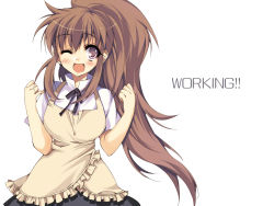 Rule 34 | 1girl, anapom, apron, bad id, bad pixiv id, blush, brown eyes, brown hair, long hair, one eye closed, ponytail, smile, solo, taneshima popura, waitress, wink, working!!