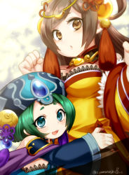 Rule 34 | 2girls, :o, bad id, bad pixiv id, bare shoulders, between breasts, blue eyes, blush, breasts, brown eyes, brown hair, china dress, chinese clothes, circlet, cleavage, da qiao &amp; xiao qiao, detached collar, detached sleeves, dress, green hair, hair ornament, hair rings, hat, hug, long hair, long sleeves, multiple girls, open mouth, puzzle &amp; dragons, short hair, sparkle, twitter username, yamanashi taiki