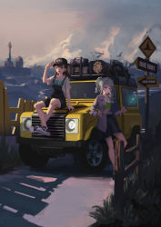 Rule 34 | 10s, 2girls, alternate hairstyle, black skirt, blue eyes, blush, car, closed mouth, diana cavendish, doren, green hair, highres, holding, holding wand, jewelry, kagari atsuko, land rover, land rover defender, little witch academia, looking at viewer, looking away, motor vehicle, multiple girls, necklace, on vehicle, overalls, parted lips, red eyes, road, road sign, short hair, short ponytail, sign, sitting, skirt, smile, standing, vehicle focus, wand