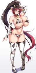 Rule 34 | 1girl, absurdres, animal ears, animal print, bell, bikini, black hair, blue eyes, breasts, collar, cow ears, cow girl, cow horns, cow print, cow print bikini, cow print thighhighs, cowbell, cowboy shot, curvy, ear tag, female focus, grin, highres, horns, huge breasts, long hair, looking at viewer, micro bikini, multicolored hair, nanbu kaguya, navel, ponytail, print bikini, print thighhighs, red hair, shadow, smile, solo, standing, super robot wars, super robot wars og saga mugen no frontier, swimsuit, thick thighs, thighs, two-tone hair, underboob, very long hair, white background, wide hips, yoohi