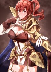 Rule 34 | 1girl, absurdres, anna (fire emblem), armor, breasts, cleavage, closed mouth, fire emblem, fire emblem heroes, gloves, hair between eyes, highres, hip armor, index finger raised, large breasts, long sleeves, looking at viewer, nintendo, pointing, pointing at self, ponytail, red eyes, red hair, shoulder armor, smile, solo, steam, steaming body, sweat, to (tototo tk)