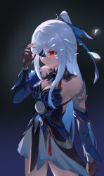 Rule 34 | 1girl, absurdres, bare shoulders, black background, black blindfold, blindfold, blue dress, breasts, bridal gauntlets, cleavage, closed mouth, dress, hair between eyes, hand in own hair, highres, honkai: star rail, honkai (series), huangyou ban rousong, jingliu (honkai: star rail), long hair, red eyes, solo, standing, thighs, white hair