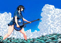 Rule 34 | 1girl, bare legs, bass guitar, black hair, blue eyes, blue skirt, breasts, closed mouth, cloud, cumulonimbus cloud, day, highres, holding, holding instrument, ifs (sakagami syu), instrument, kantai collection, large breasts, ocean, outdoors, partially submerged, profile, short hair, short sleeves, skirt, sky, solo, sparkle, standing, summer, takao (kancolle), water