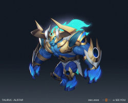 Rule 34 | 1boy, abs, alistar (league of legends), alternate costume, armor, artist name, black background, blue skin, character name, colored skin, full body, furry, furry male, gradient background, green hair, grey background, helmet, hooves, horns, league of legends, long hair, male focus, minotaur, no pupils, see you, solo, space print, standing, starry sky print, taurus (zodiac), white eyes, zodiac