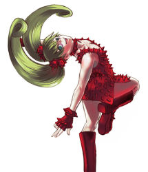 Rule 34 | 1girl, :d, arched back, blue eyes, boots, breasts, capcom, choker, cleavage, dress, effie (street fighter), female focus, fingerless gloves, flat chest, from behind, gloves, green hair, hair ornament, high heels, knee boots, leg up, long hair, looking back, nagasawa shin, open mouth, outstretched arms, shoes, short dress, simple background, small breasts, smile, solo, spikes, spread arms, standing, standing on one leg, street fighter, twintails, white background
