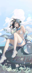 Rule 34 | 1girl, absurdres, arknights, bare legs, bare shoulders, bikini, black hair, blue sky, cloud, crow yayu, day, goggles, goggles around neck, grey eyes, hand up, highres, jacket, knees up, la pluma (arknights), la pluma (summer flowers) (arknights), looking at viewer, nike (company), off shoulder, official alternate costume, open clothes, open jacket, shoes, short hair, sitting, sky, sneakers, solo, stomach, swimsuit, thigh strap, thighs, white bikini, white footwear