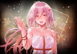 Rule 34 | 1girl, absurdres, bare shoulders, blush, breasts, fattybot, guilty crown, hair ornament, hairclip, highres, long hair, looking at viewer, open mouth, pink hair, red eyes, red ribbon, ribbon, small breasts, smile, solo, twintails, upper body, yuzuriha inori