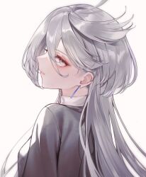 Rule 34 | 1girl, ahoge, earrings, grey eyes, grey hair, grey shirt, gundam, gundam suisei no majo, hair between eyes, high collar, jewelry, laun 000, long hair, looking at viewer, looking back, miorine rembran, parted lips, portrait, shirt, sidelocks, simple background, solo, swept bangs, white background