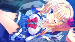 Rule 34 | 1boy, 1girl, blonde hair, blue eyes, blush, breasts, brooch, condom, condom in mouth, condom wrapper, game cg, hair ornament, heart, heart necklace, hetero, jewelry, kin&#039;iro loveriche, kisaki reina, long hair, mouth hold, necklace, smile, solo focus